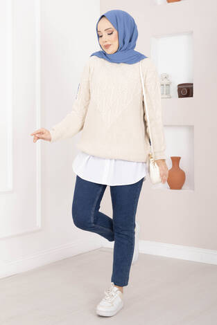 Saç Örgü Desenli Triko Kazak Taş - Thumbnail