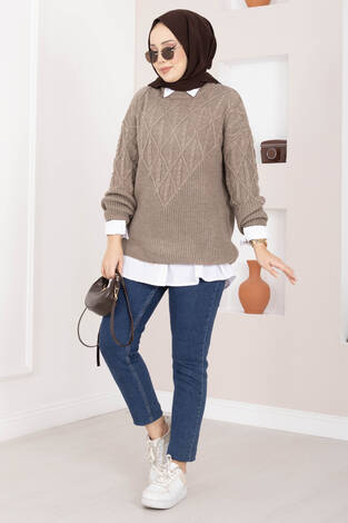 Saç Örgü Desenli Triko Kazak Vizon - Thumbnail