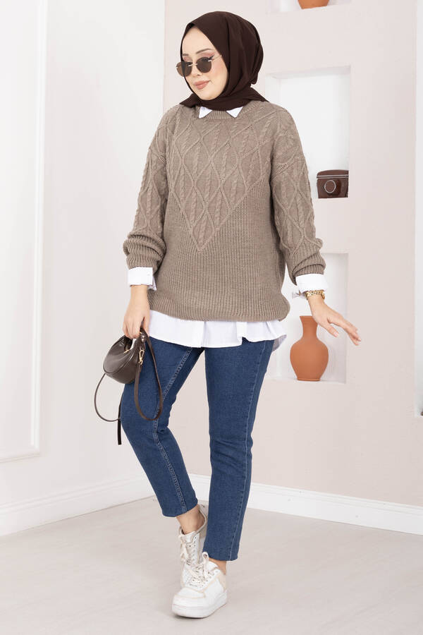 RAF - Saç Örgü Desenli Triko Kazak Vizon