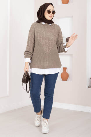 Saç Örgü Desenli Triko Kazak Vizon - Thumbnail