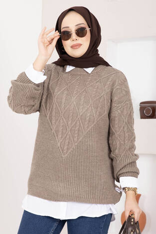 Saç Örgü Desenli Triko Kazak Vizon - Thumbnail