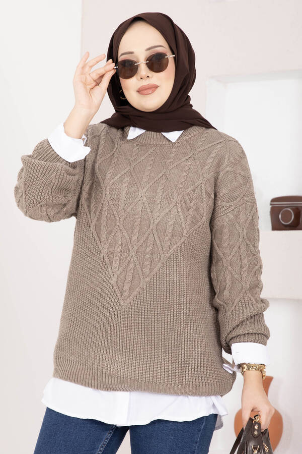 RAF - Saç Örgü Desenli Triko Kazak Vizon (1)