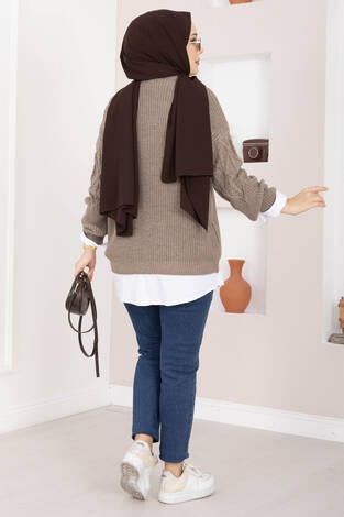 Saç Örgü Desenli Triko Kazak Vizon - Thumbnail