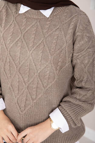 Saç Örgü Desenli Triko Kazak Vizon - Thumbnail