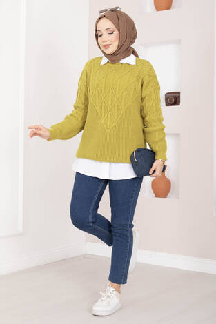 Saç Örgü Desenli Triko Kazak Yağ Yeşil