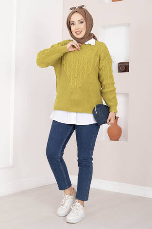 Saç Örgü Desenli Triko Kazak Yağ Yeşil - Thumbnail