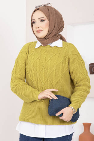 Saç Örgü Desenli Triko Kazak Yağ Yeşil - Thumbnail