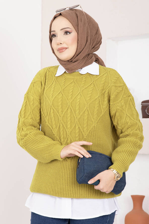 RAF - Saç Örgü Desenli Triko Kazak Yağ Yeşil (1)