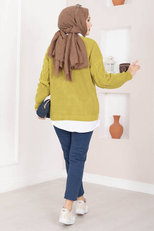 Saç Örgü Desenli Triko Kazak Yağ Yeşil - Thumbnail