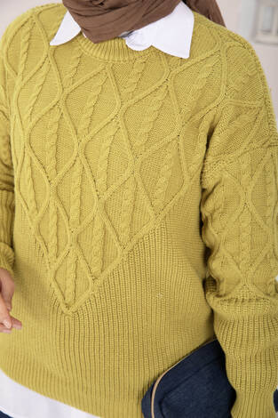 Saç Örgü Desenli Triko Kazak Yağ Yeşil - Thumbnail