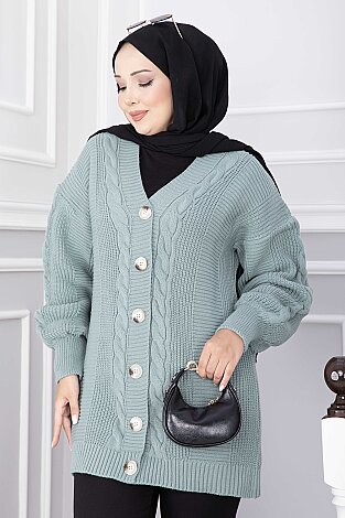 Saç Örgü Detaylı Düğmeli Triko Hırka Mint - 2