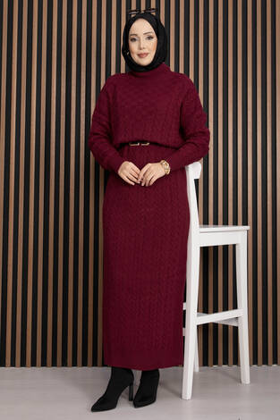 Saç Örgü Dokulu Triko Elbise Bordo