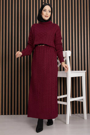 Saç Örgü Dokulu Triko Elbise Bordo - Thumbnail