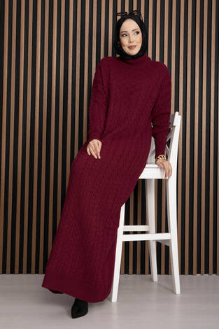 Saç Örgü Dokulu Triko Elbise Bordo - Thumbnail
