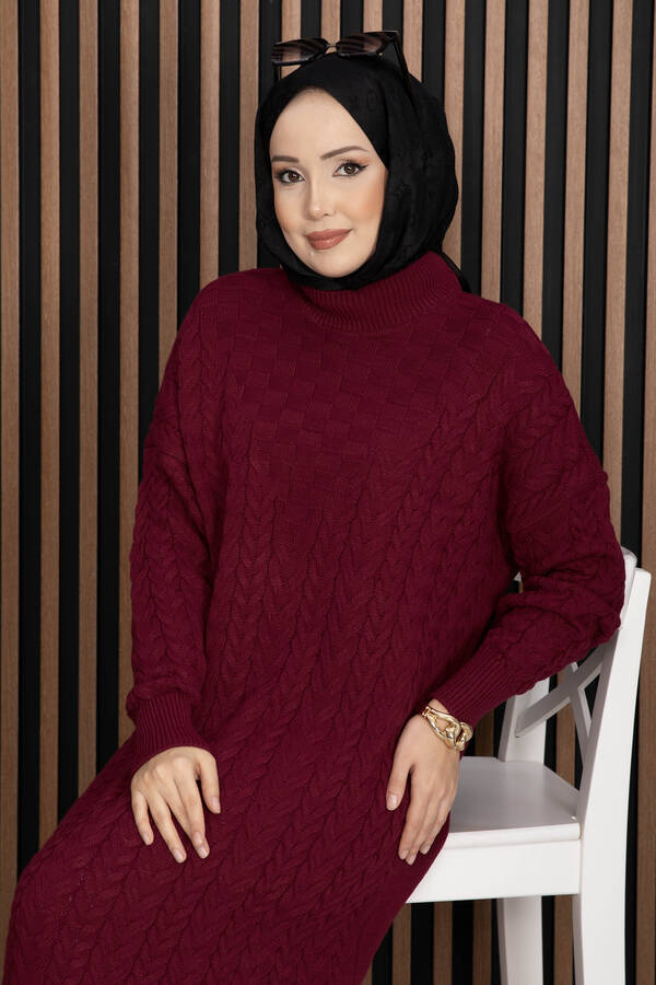 RAF - Saç Örgü Dokulu Triko Elbise Bordo (1)