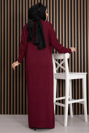 Saç Örgü Dokulu Triko Elbise Bordo - Thumbnail