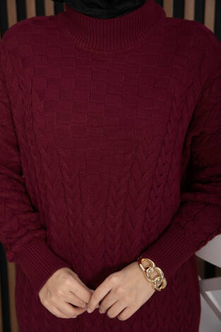 Saç Örgü Dokulu Triko Elbise Bordo - Thumbnail