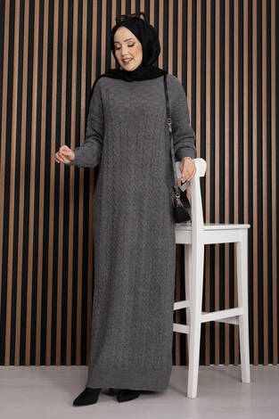 Saç Örgü Dokulu Triko Elbise Gri - Thumbnail