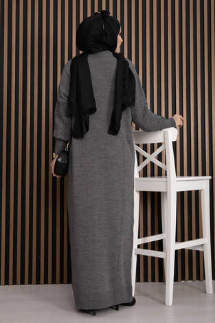 Saç Örgü Dokulu Triko Elbise Gri - Thumbnail