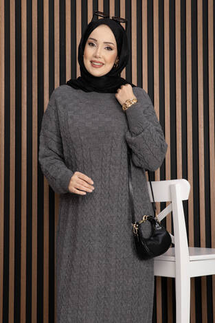 Saç Örgü Dokulu Triko Elbise Gri - Thumbnail