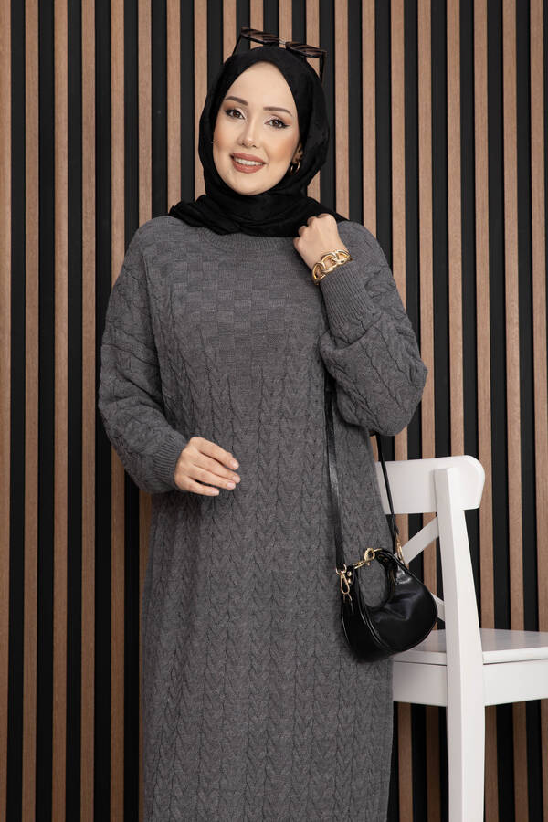 RAF - Saç Örgü Dokulu Triko Elbise Gri (1)