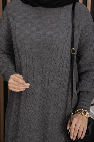 Saç Örgü Dokulu Triko Elbise Gri - Thumbnail