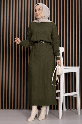 Saç Örgü Dokulu Triko Elbise Haki - Thumbnail