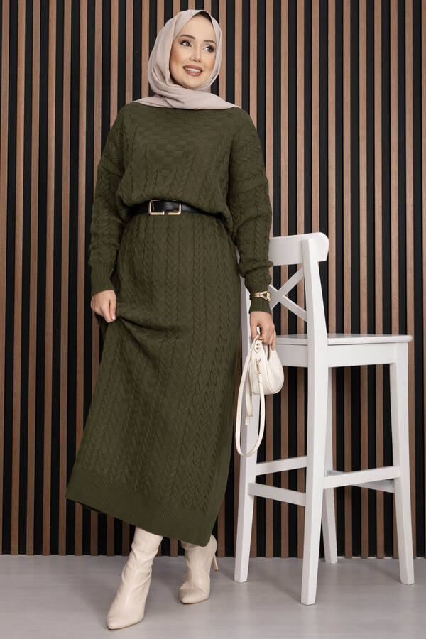 RAF - Saç Örgü Dokulu Triko Elbise Haki