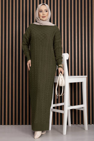 Saç Örgü Dokulu Triko Elbise Haki - Thumbnail