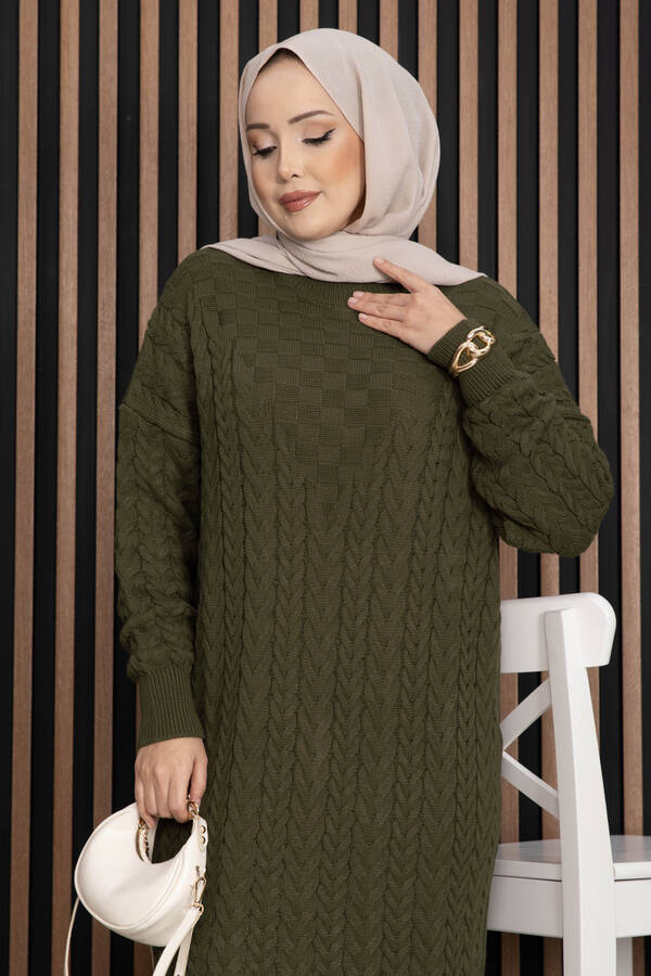 RAF - Saç Örgü Dokulu Triko Elbise Haki (1)