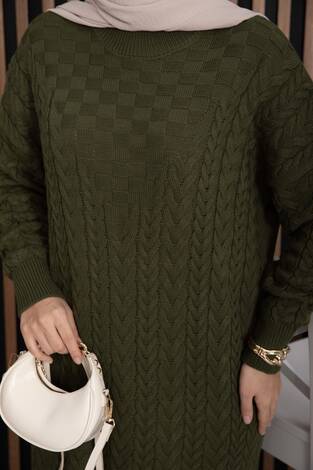 Saç Örgü Dokulu Triko Elbise Haki - Thumbnail