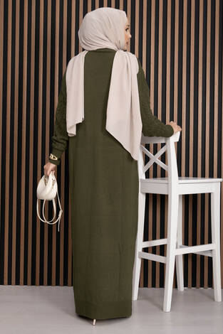 Saç Örgü Dokulu Triko Elbise Haki - Thumbnail