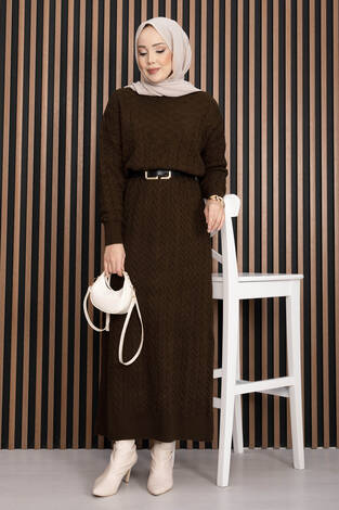 Saç Örgü Dokulu Triko Elbise Kahve - Thumbnail