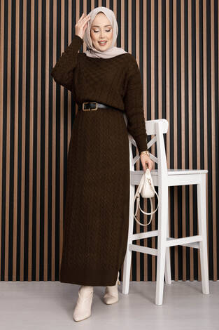 Saç Örgü Dokulu Triko Elbise Kahve - Thumbnail
