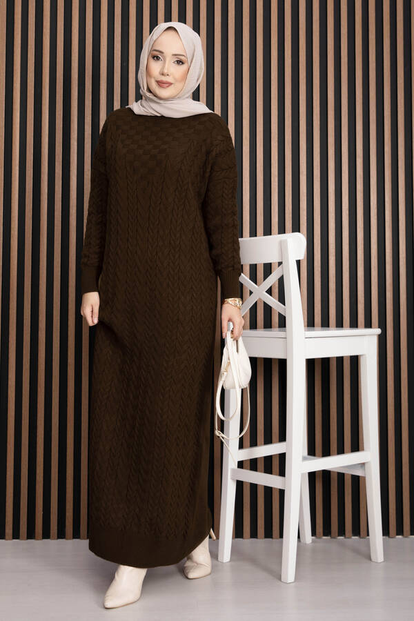RAF - Saç Örgü Dokulu Triko Elbise Kahve