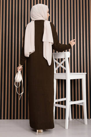 Saç Örgü Dokulu Triko Elbise Kahve - Thumbnail