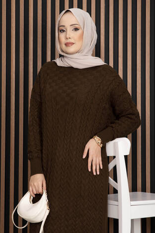 Saç Örgü Dokulu Triko Elbise Kahve - Thumbnail