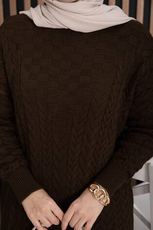 Saç Örgü Dokulu Triko Elbise Kahve - Thumbnail