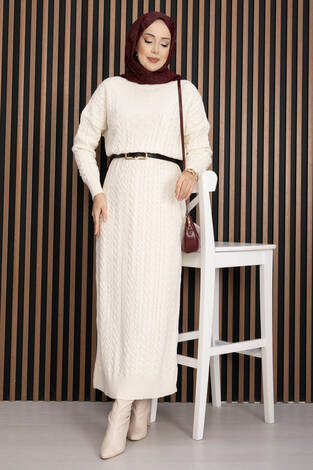 Saç Örgü Dokulu Triko Elbise Krem - Thumbnail