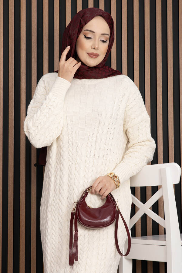 RAF - Saç Örgü Dokulu Triko Elbise Krem (1)