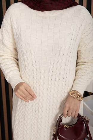 Saç Örgü Dokulu Triko Elbise Krem - Thumbnail