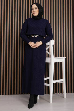 Saç Örgü Dokulu Triko Elbise Lacivert