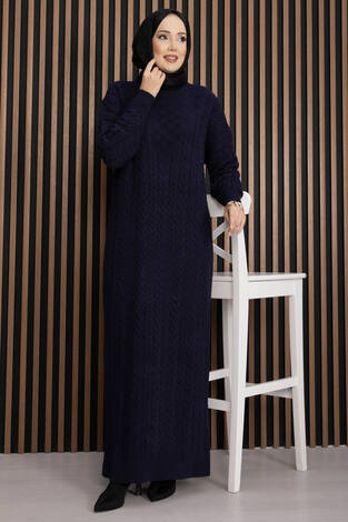 Saç Örgü Dokulu Triko Elbise Lacivert - Thumbnail