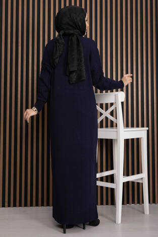 Saç Örgü Dokulu Triko Elbise Lacivert - Thumbnail