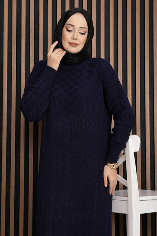 Saç Örgü Dokulu Triko Elbise Lacivert - Thumbnail
