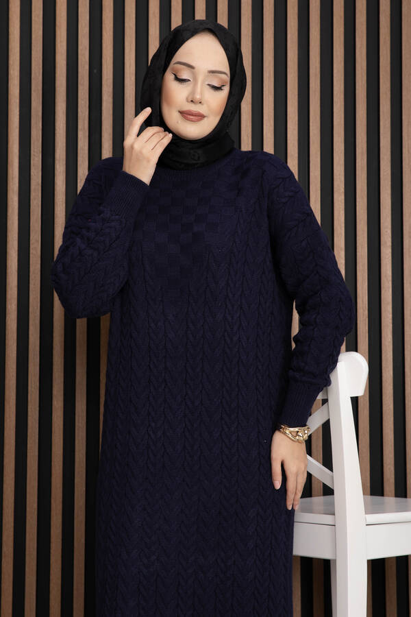 RAF - Saç Örgü Dokulu Triko Elbise Lacivert (1)