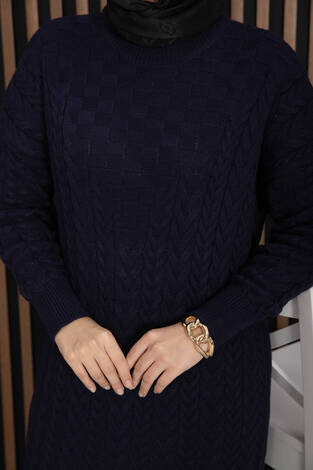 Saç Örgü Dokulu Triko Elbise Lacivert - Thumbnail