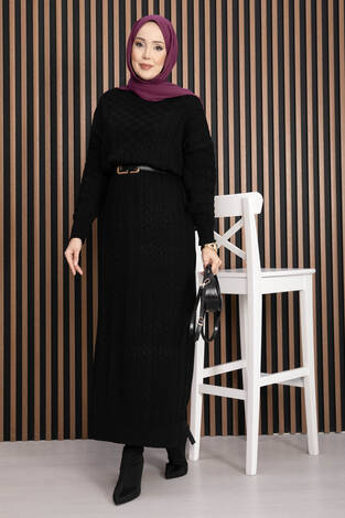 Saç Örgü Dokulu Triko Elbise Siyah