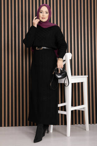 Saç Örgü Dokulu Triko Elbise Siyah - Thumbnail