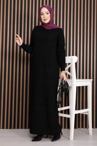 Saç Örgü Dokulu Triko Elbise Siyah - Thumbnail